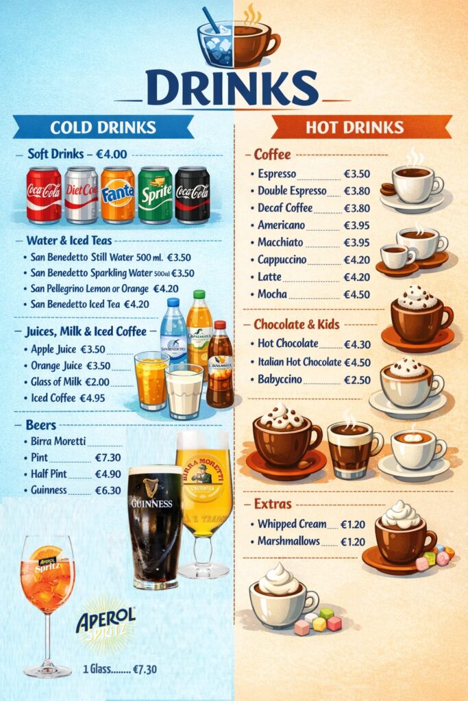 Hot and cold drinks menu at Italian restaurant in Blarney Cork including italian coffee, tea and soft drinks