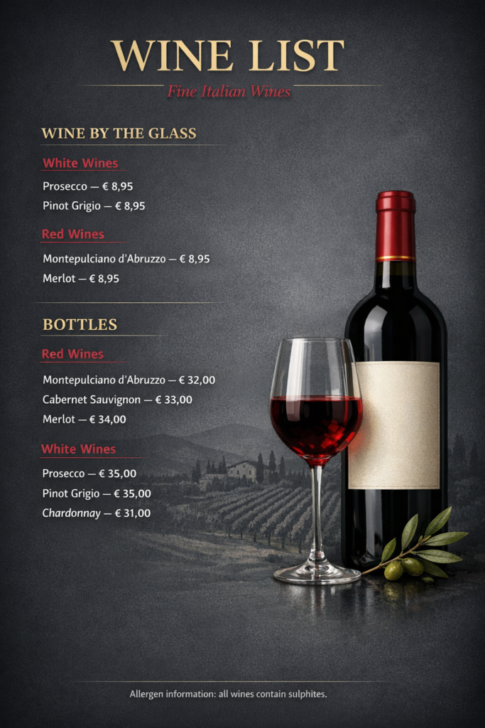 Italian wine menu at authentic Italian restaurant in Blarney Cork