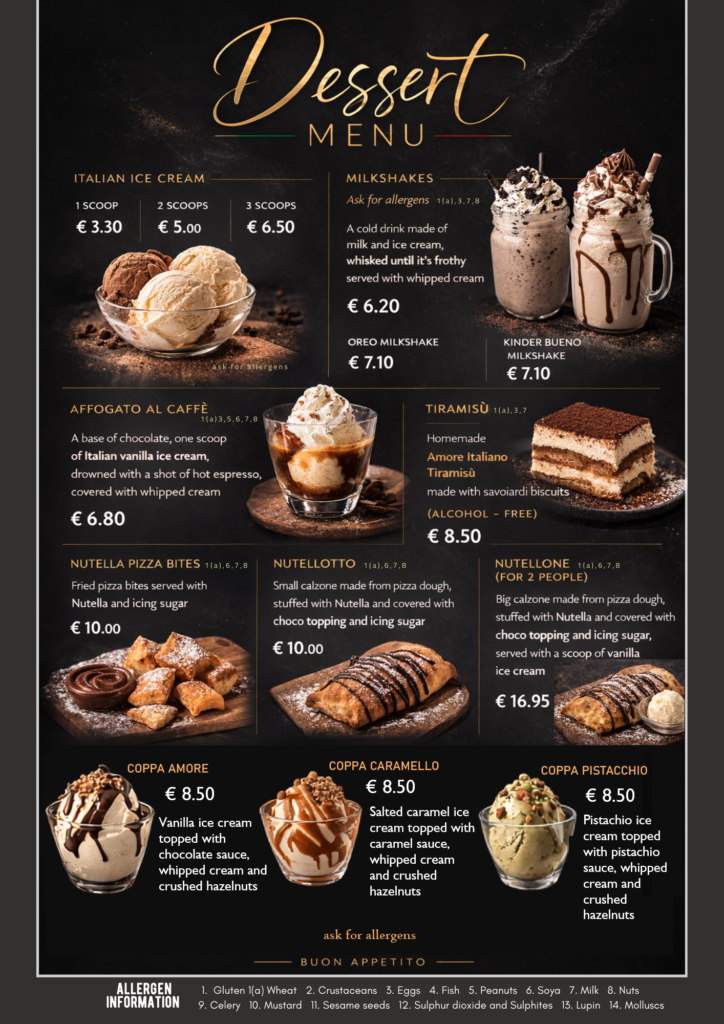 Italian dessert menu at Italian restaurant in Blarney Cork