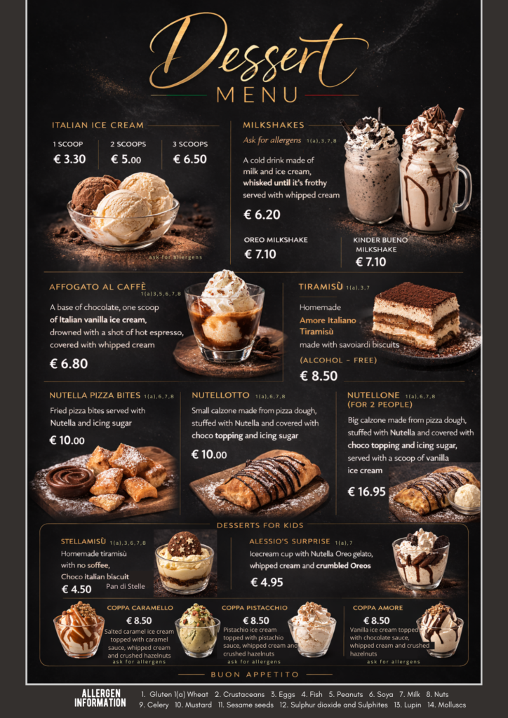 Italian dessert menu at Italian restaurant in Blarney Cork