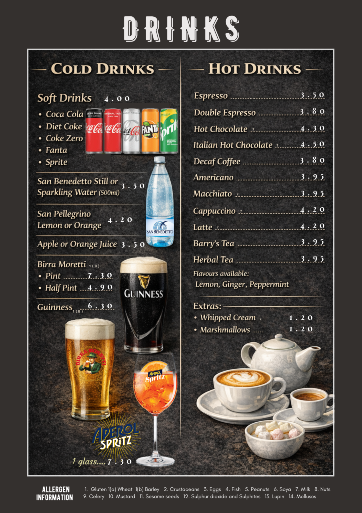 Hot and cold drinks menu at Italian restaurant in Blarney Cork including coffee, tea and soft drinks