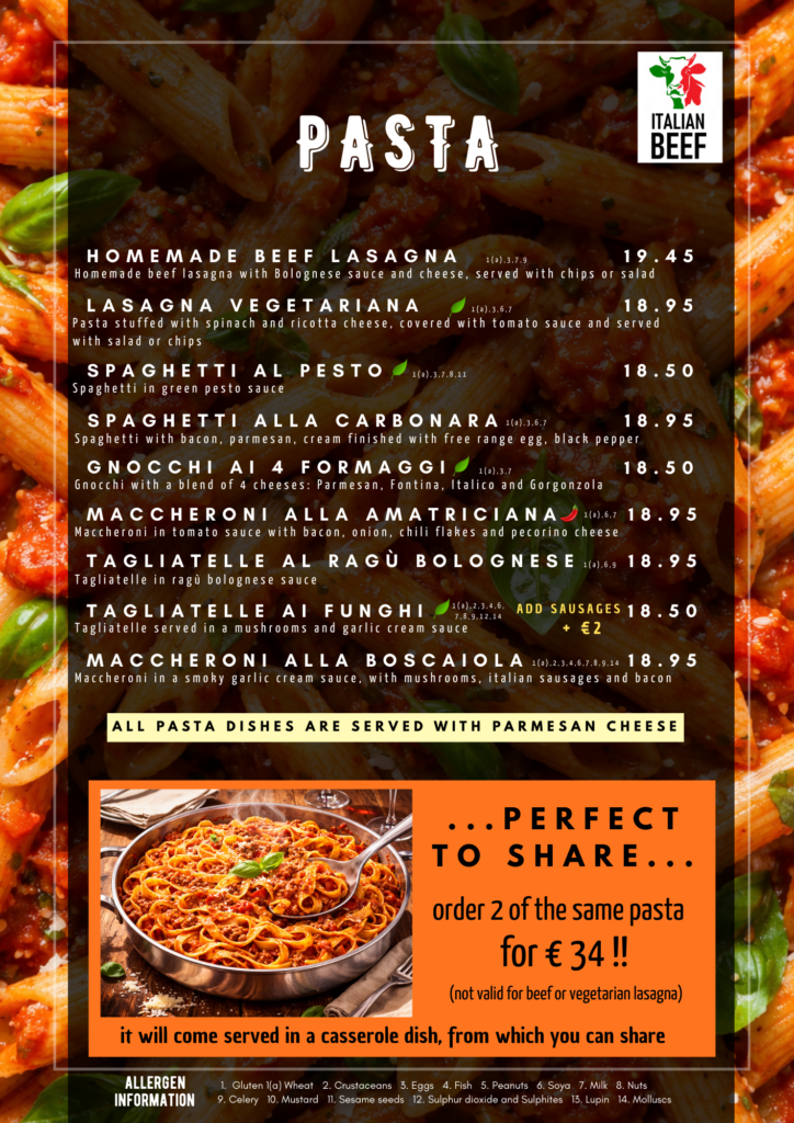 Italian pasta menu in Blarney Cork