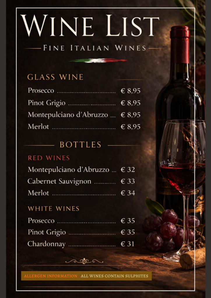 Italian wine menu at authentic Italian restaurant in Blarney Cork