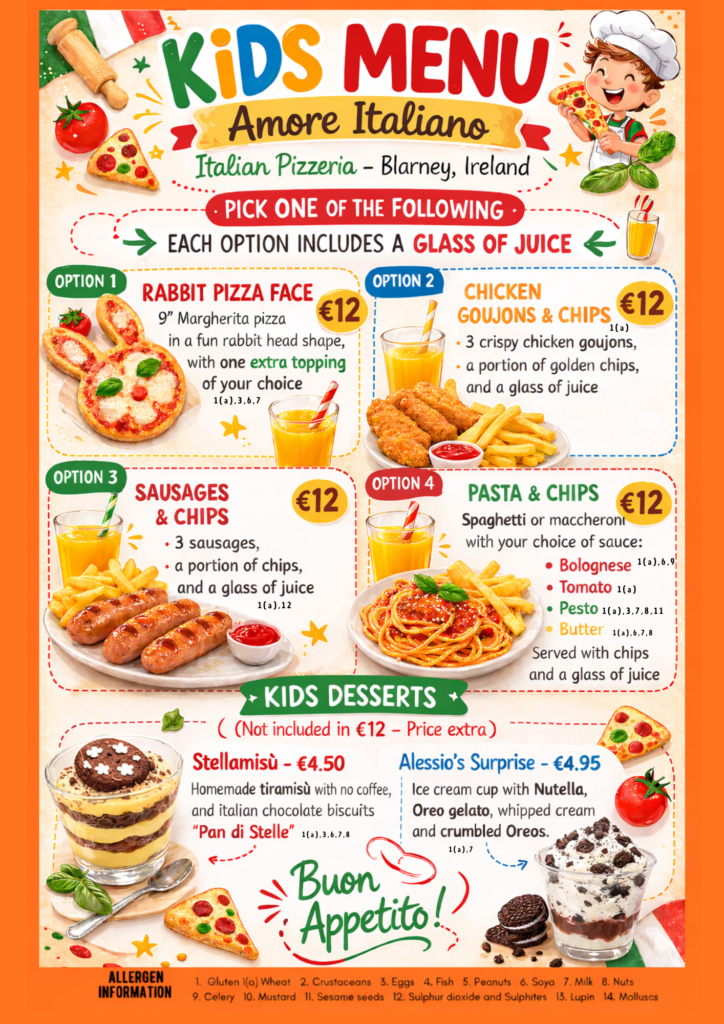 Kids menu at Italian restaurant in Blarney Cork with pizza and pasta options for children
