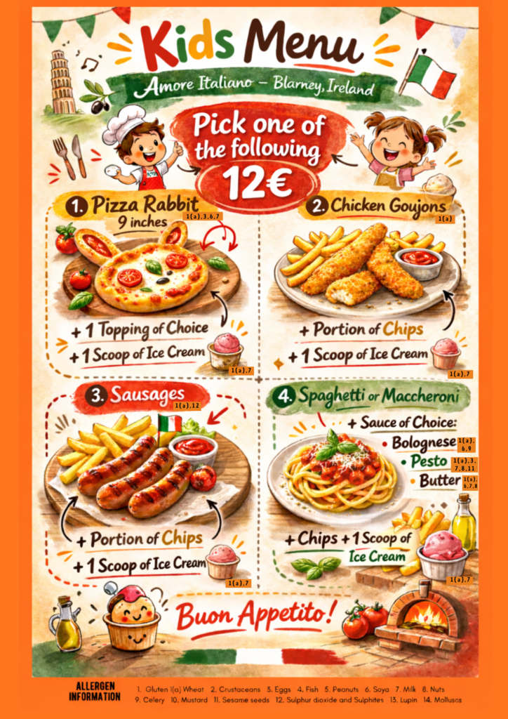 Kids menu at Italian restaurant in Blarney Cork with pizza and pasta options for children