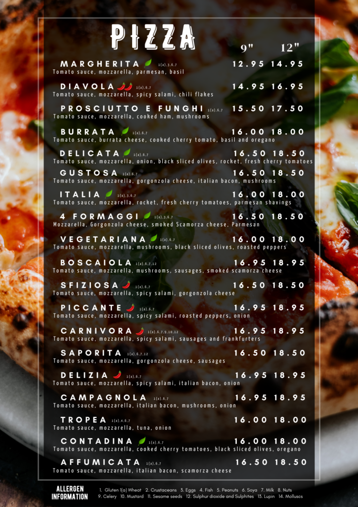 Italian pizza menu at authentic Italian restaurant in Blarney Cork