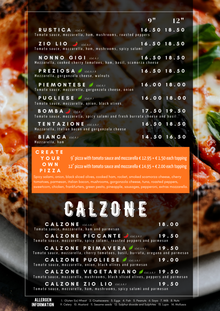 Italian pizza menu at authentic Italian restaurant in Blarney Cork