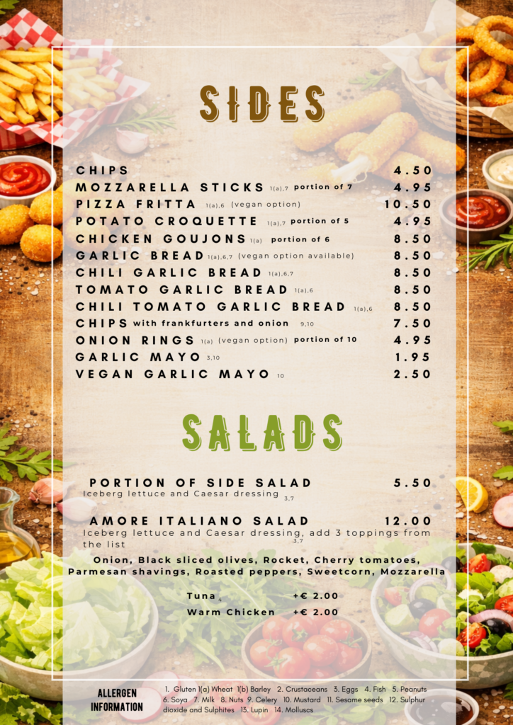 Italian sides and salads menu at authentic Italian restaurant in Blarney Cork