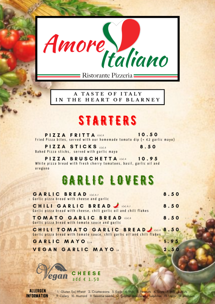 Traditional Italian starters menu in Blarney Cork at authentic Italian restaurant